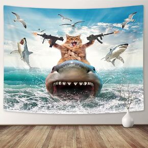 Grtuspr Funny Tapestry, Funky Cat Riding Shark Wall Blanket, Blue Ocean Theme Wall Tapestry for Bedroom Living Room Dorm Home Decor, 60X40IN
