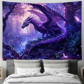 MERCHR Purple Dragon Tapestry Medieval Fantasy Animal Cool Tapestry Wall Hanging for Bedroom Aesthetic, Psychedelic Magic Forest Tree Tapestries for Living Room Dorm Decor 60x40 Inch