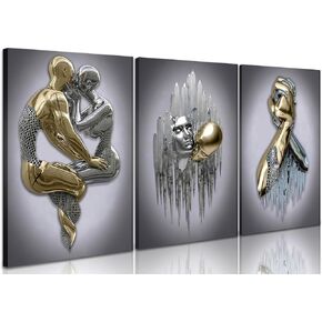 Modern Bedroom Wall Art Set of 3-3D Metal Effect Couple Canvas Paintings Wall Decor, Abstract Figure Statue Art Prints for Living Room Home Decor - 16x24in Framed