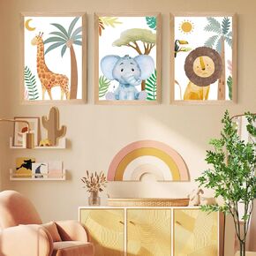 Set of 3 Framed Safari Animals Nursery Wall Art Prints Decor,12x16"Giraffe Elephant Lion Baby Nursery Decor Canvas Wall Art Prints Framed Nursery Children Artwork for Boy Girl Bedroom Decoration