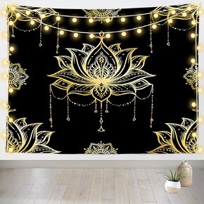 Loccor Spiritual Lotus Tapestry 80''x60'' Black and Gold Psychedelic Meditation Lotus Wall Hanging Mandala Lotus Tapestries Bedroom Living Room Zen Decor Boho Wall Art Decor