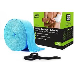 Elasticated Tubular Support Bandage - Reusable Compression Wrap for Joint Pain Relief - Stockinette Tubing for Large Arm/Medium Ankle/Small Knee - Blue (Size D - 3 inches x 11 Yards) + Scissors
