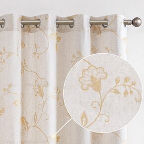 Lazzzy Semi Sheer Beige Curtains Terrared Red Floral Embroidered Curtains Linen Textured Sheer Privacy Curtains Farmhouse Grommet Window Drapes for Living Room Bedroom 84 Inch Long 2 Panels