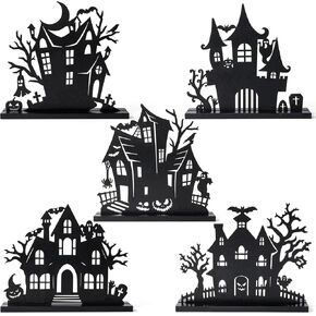 WATINC Halloween Wooden Centerpiece Decorations - 5Pcs Silhouette Haunted House Wood Tabletop Decor, Black Sketch Ghost Pumpkin Boo Detachable Tiered Tray Signs Tables Topper for Home Kitchen Party