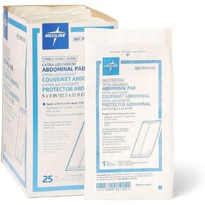 Medline Essentials Sterile Abdominal Pads, 5" x 9", Cellulose Center for Quick Absorption, Pack of 400
