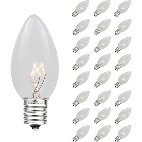 Novelty Lights Christmas Replacement Bulbs - Outdoor Individual Bulbs For Events, Holiday Parties, Patios, And More - C7/E12 Candelabra Base, 5 Watt Lights (Clear, 25 Pack)