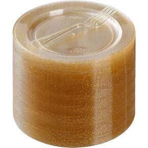 Goodluck 120PCS Plastic Dessert Plates 6.3" with 120 Plastic Forks 5.7", Gold Glitter Disposable Plates for 120 Guests, Heavy Duty Plastic Plates for Party, Appetizer Plates for Wedding in Kuwait