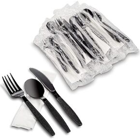 MT Products Heavy Weight Black Plastic Cutlery Set with Napkin Individually Wrapped - (50 Pieces) Disposable Utensils - Plasticware Forks, Spoons, Knives - Great for Parties or Picnic.