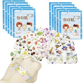 100PCS Transparent Cartoon Bandages 10 Different Patterns Fabric Adhesive Bandages Breathable First Aid Emergency Kit for Kids Blue Cartoon Package