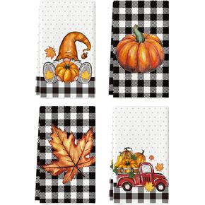 Artoid Mode Buffalo Plaid Pumpkin Truck Sunflower Gnome Fall Kitchen Towels and Dish Towels, 18 x 26 Inch Harvest Thanksgiving Ultra Absorbent Drying Cloth Tea Towels for Cooking Baking Set of 4