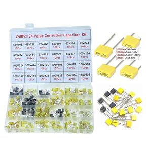 240Pcs Correction Capacitor Kit 24 Values ​​x 10 pcs 63V-100V 102J-105J Polypropylene Safety Plastic Film Capacitors Assorted Series