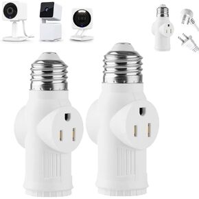 Uogw Lamp Socket Power Adapter for Wyze Cam v4,Wyze Cam v3 and v3 Pro,Wyze Cam Pan v3, Wyze OG,E26/E27 Light Bulb to 2/3 Prong Outlet Socket Splitter Converter for Garage Porch(2Pack White)