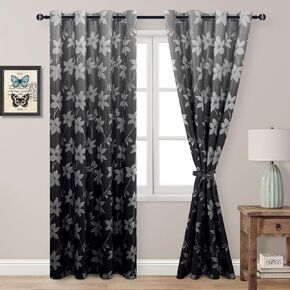 DWCN Floral Print Ombre Curtains for Bedroom, Energy Saving Decorative Flower Room Darkening Window Curtain Panels, Grommet Top, Set of 2 (Black, Width 52 inch x Length 84 inch)