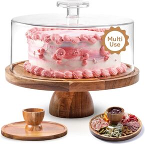 Acacia Wood Cake Stand with Lid - Multifunctional 12 In Round Cake Holder, Dessert Table Display Set & Charcuterie Board for Cheese, Chips, Fruit Platter, Acrylic Cake Dome Cover, No Glass