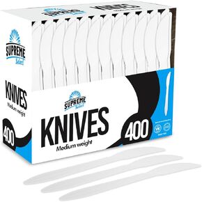 Disposable White Knives [400-Pack] Medium-Weight Disposable Plastic Cutlery - Durable and Reusable Bulk Utensils for Parties, Picnics, Takeout, Restaurant, School, Home & Office