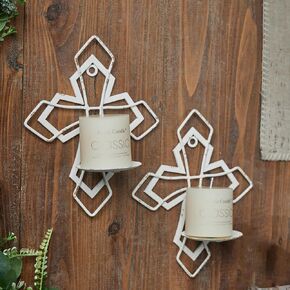 Cross Iron Wall Sconces Candle Holder Set of 2, Wall Candle Holder for Pillar Candle, Rustic White Wall Candle Sconces, Distressed Wall Mounted Candle Holder for Living Room, Home Porch, Wall Art