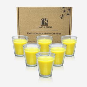 Beeswax Votive Candles in Glass Votive Holders-6pcs Pack, Hand-Poured Bees Wax Votive Candles for Home Décor Spa Party Meditation, Dripless & Unscented, Burning Time 12 Hours,1.96"x2.36" Each