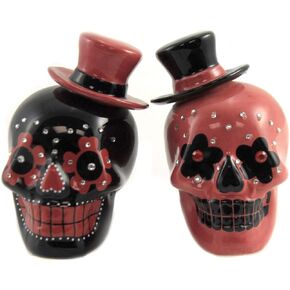 Pacific Giftware Day of Dead Sugar Black & Red Skulls Salt & Pepper Shakers Set Rhinestone DOD Top Hat