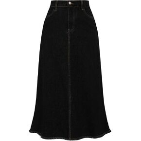 Belle Poque Vintage Denim Skirts for Women Elastic High Waist Frayed Raw Hem A-Line Maxi Long Jean Skirts with Pockets