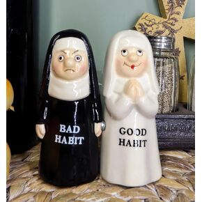 Ebros Gift Good Habits Nun Or Bad Habits Nun Salt & Pepper Shakers Ceramic Figurine Set 4"H