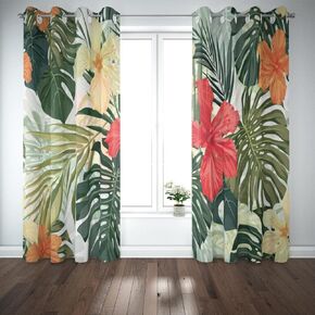 Palm Leaf Curtains Summer Colorful Tropical Plants Hibiscus Flowers Large Window Curtains 52X84 Inch 2 Panels Curtains for Kitchen Windows