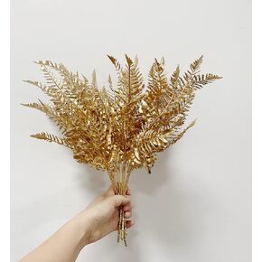 Rikyo 4 Bunches Gold Boston Fern Bush Plant,14" Tropical Greenery Bush Embellishing Holiday Florals,Indoor Outside Party for Flower,Christmas Flower Wreaths,Wedding Backdrop Arch Wall (Gold-1)