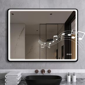 LED-Bathroom-Mirror-with-Lights, 24"x32" Wall-Mounted with Bluetooth Speaker, Anti-Fog, 3 Colors Dimmable Light, Waterproof, Tempered Glass, Frontlit & Backlit, Black Framed