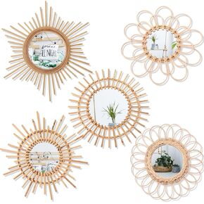 ديكور مرآة Gulfmew Boho، مجموعة من 5 قطع للتعليق على الحائط، مرآة مستديرة طبيعية ريفية من الروطان لغرفة المعيشة ديكور جدار المنزل in Kuwait