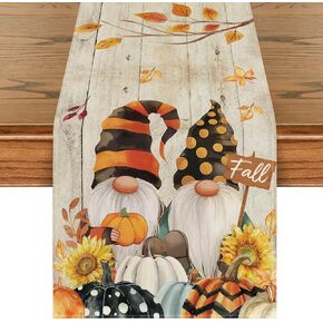 Artoid Mode Wood Gnomes Pumpkins Sunflower Leaves Fall Table Runner, Seasonal Autumn Kitchen Dining Table Decoration for Home Party Decor 13x72 Inch
