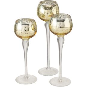Baby Gold Long Stem Candle Holders, Set of 3, Round Cups, Clear Riser, Hand Lacquered Glass, 8.75, 7.75 and 7 Inches Tall