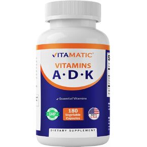 Vitamatic ADK Vitamin Supplement, 180 Veg Capsules, High Potency Vitamins A, D3, K2 for Bone Health, Calcium Absorption, Non-GMO, Gluten Free