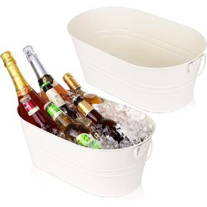 Galvanized Tub Beverage Tubs, 2pcs Metal Ice Buckets for Cocktail Bar 3 Gallon Wine Beer Drink Buckets with Handles Large Tub Cooler Mimosa Bar Supplies Ice Bucket for Parties (White)