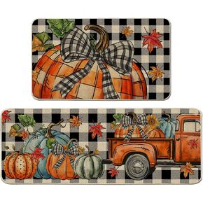 Fall Kitchen Mats, Plaid Farmhouse Truck Fall Kitchen Decor for Floor, Home - Pumpkins Kitchen Rugs Set of 2 17"x27+17"x47"