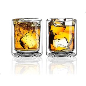 زجاج للشرب بجدار مزدوج من Sun's Tea، زجاج على طراز مانهاتن للسوائل الساخنة والباردة، والويسكي، والبوربون، والفودكا، وزجاج سكوتش بوروسيليكات الشفاف، مجموعة من 2