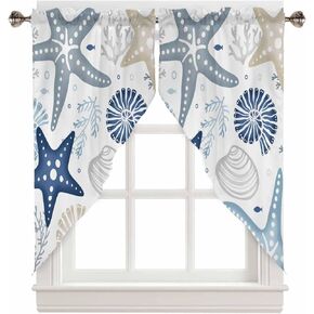 Ocean Beach Semi Sheer Curtains Swag Valances, Coastal Starfish Seashell Coral Rod Pocket Swag Curtains, Green Red Sheer Short Window Swags for Kitchen Bedroom Living Room, 1 Pair, 28"x36"