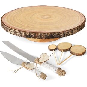 Wood Cake Stand- /w Wooden Slice Cake Topper and Cake Cutting Set, 12" Rustic Wedding Cake Stand, Wooden Cake Stand for Wedding Receptions or Any Special Events