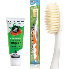 MOUTHWATCHERS Dr Plotkas Extra Soft Flossing Toothbrush and Whitening Toothpaste, Adult Manual Soft Toothbrush, Naturally Sourced Toothpaste, 1 Toothpaste + 1 Green Toothbrush