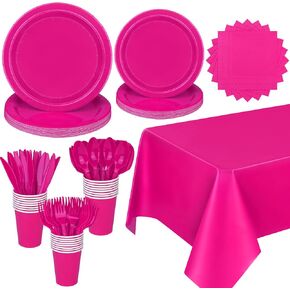Ruisita 193 Pieces Hot Pink Party Supplies Include Disposable Dessert Paper Plates Cups Napkins Forks Knives Spoons Table Cover Serve 24 Guests Dinnerware Cutlery Set for Birthday Wedding Decoration