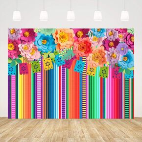 Ticuenicoa 5x3ft Mexican Fiesta Backdrop Photobooth Flowers Fiesta Background Drop Cinco De Mayo Backdrop for Pictures Floral Stripes Flags Birthday Party Mexican Party Decor Mexican Photo Booth Props