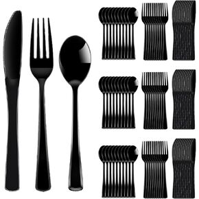 300 Pack Black Disposable Plastic Silverware Heavy Duty,Black Plastic Cutlery Set,Plastic Forks and Spoons Knives Set,Plastic Utensils Set for Birthday Party Prom Night,Weddings,Halloween