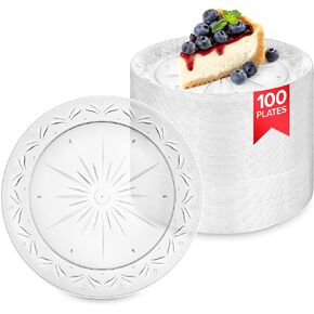 Stock Your Home 100 Count Premium Clear Plastic Plates 7" Inch Small Appetizer, Dessert, and Party Plates, Heavy Duty Hard Plastic Disposable Wedding Cake Plates, Crystal Clear for Holiday Parties