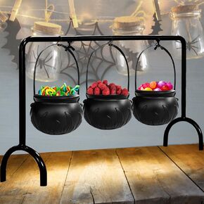 Cauldron Halloween Decor,Halloween Witches Cauldron Candy Serving Bowl on Rack,Black Plastic Cauldron Hanging Cauldrons Serving Set for Home Kitchen Hocus Pocus Party Decorations Indoor