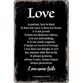 Love Never Fails Wall Art - 1 Corinthians 13:4-8 Bible Verse Scripture Metal Sign - Christian Home Decor for Living Room, Bedroom, Wedding Gift - 8x12 Inch