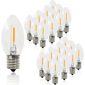 C7 LED Night Light Bulbs 0.6W Equivalent to 7W C7 Candelabra LED Filament Light Bulbs E12 Candelabra Base Lamp Clear Glass Warm White 2700K Outdoor String Lights 25 Pack