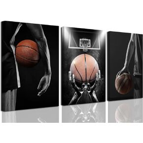TBKHUDBI Basketball Themed Wall Art Teen Boys Room Poster Canvas Prints Set of 3 Sports Player Men Ball Decor Painting Artwork for Gym Room Bedroom Bathroom Office 12"x16" Framed