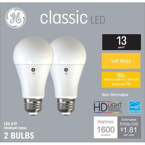 G E Classic LED 100 Watt Replacement, Soft White, A19+ General Purpose Bulbs (2 Pack) 1600 Lumens