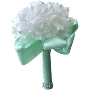 Wedding Bridal Bridesmaid Bouquet Handmade Crystal Ribbon Rhinestone Bouquet Artificial Fake Flowers Mint Green