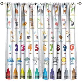 Kids Alphabet ABC Blackout Curtains, Cartoon Animal Colorful Crayon Classroom Printed Window Drapes, for Children Boys Girls Living Room Bedroom 21(W)*45(L) 2 Panels