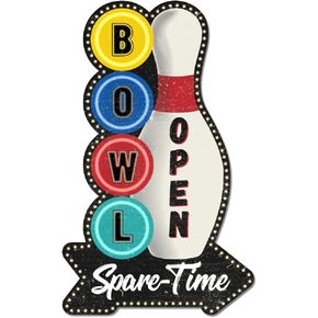 GLOBLELAND Bowling Vintage Metal Tin Sign 10.6x6.5inch “ Bowl Open Spare Time" Retro Bowling Ball Plaque Poster Metal Wall Decorative Tin Signs for Home Kitchen Restaurant Coffee Shop Club Bar