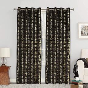 Tititex Luxury Golden Black Velvet Blackout Curtains 84 inch Length 2 Panels Sets for Bedroom Window Drapes Thermal Curtains with Grommets, Gold Foil Print for Living Room